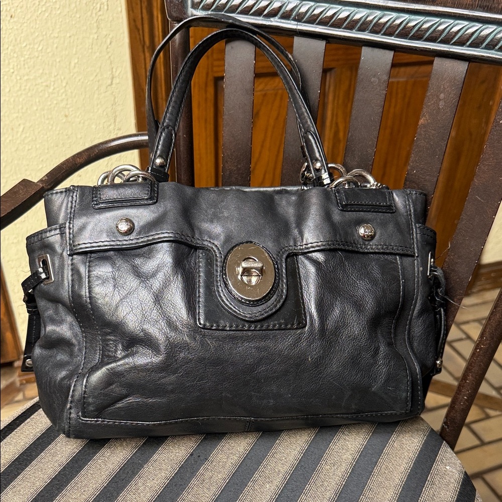 Coach Black Leather Satchel with Silver Accents